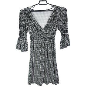 Women's Black & White Polka Dot V Neck Dress Bell Sleeves Smocked Waist Size S